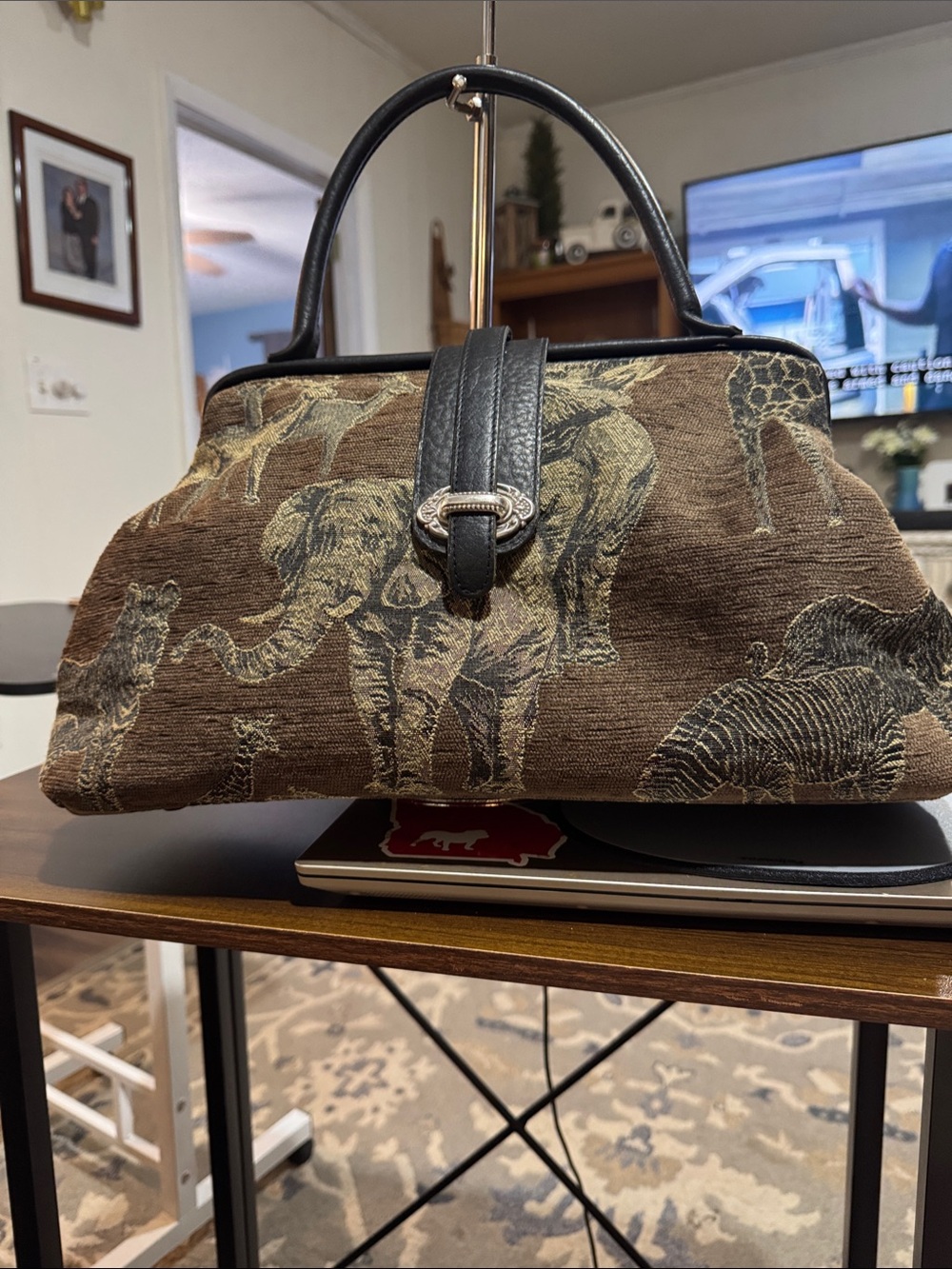 Raviani Brown and Black Elephant Tapestry Satchel